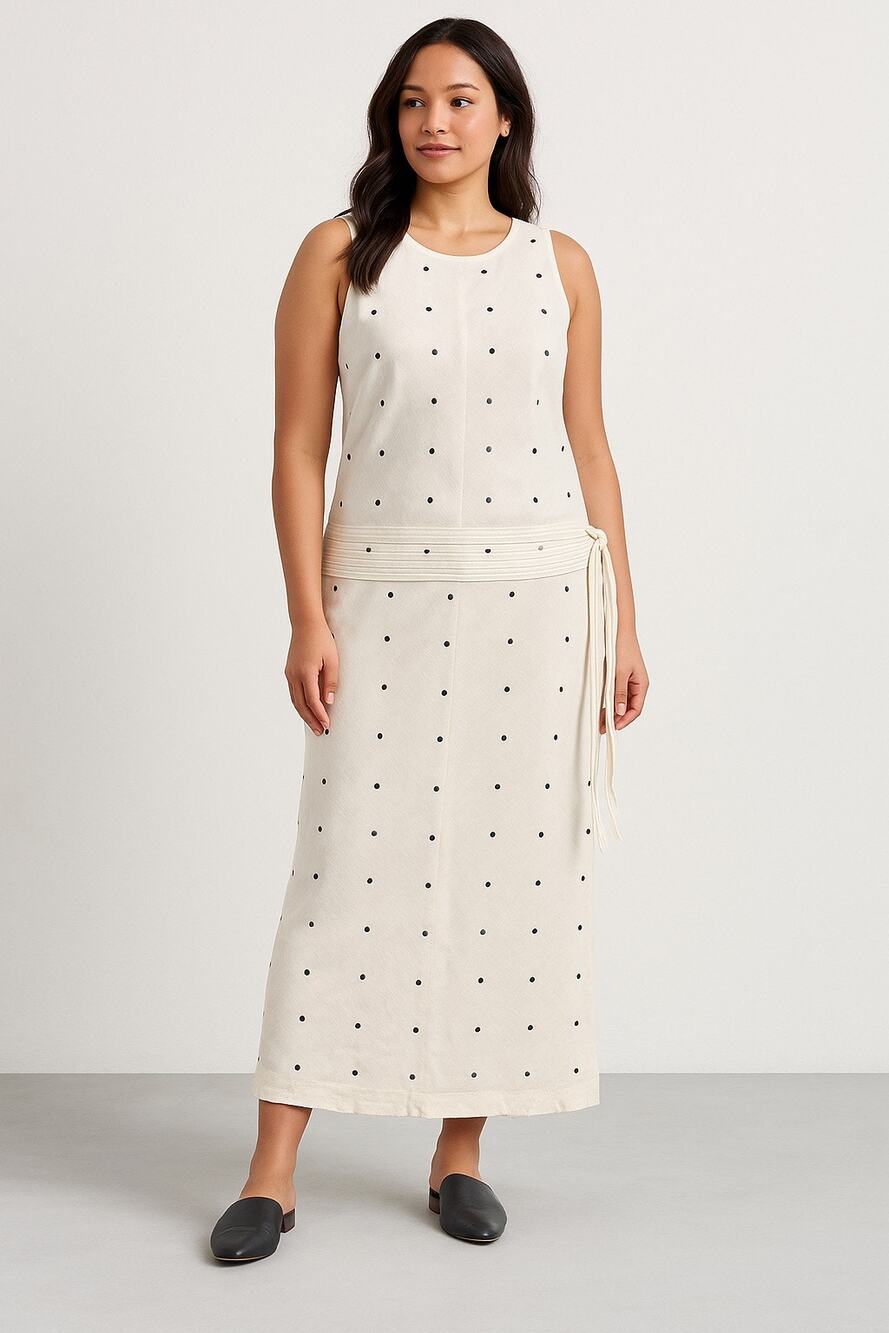 Petticoat Lane Linen Dress Women’s Size 6 White Polka Dot Maxi Sleeveless Belted